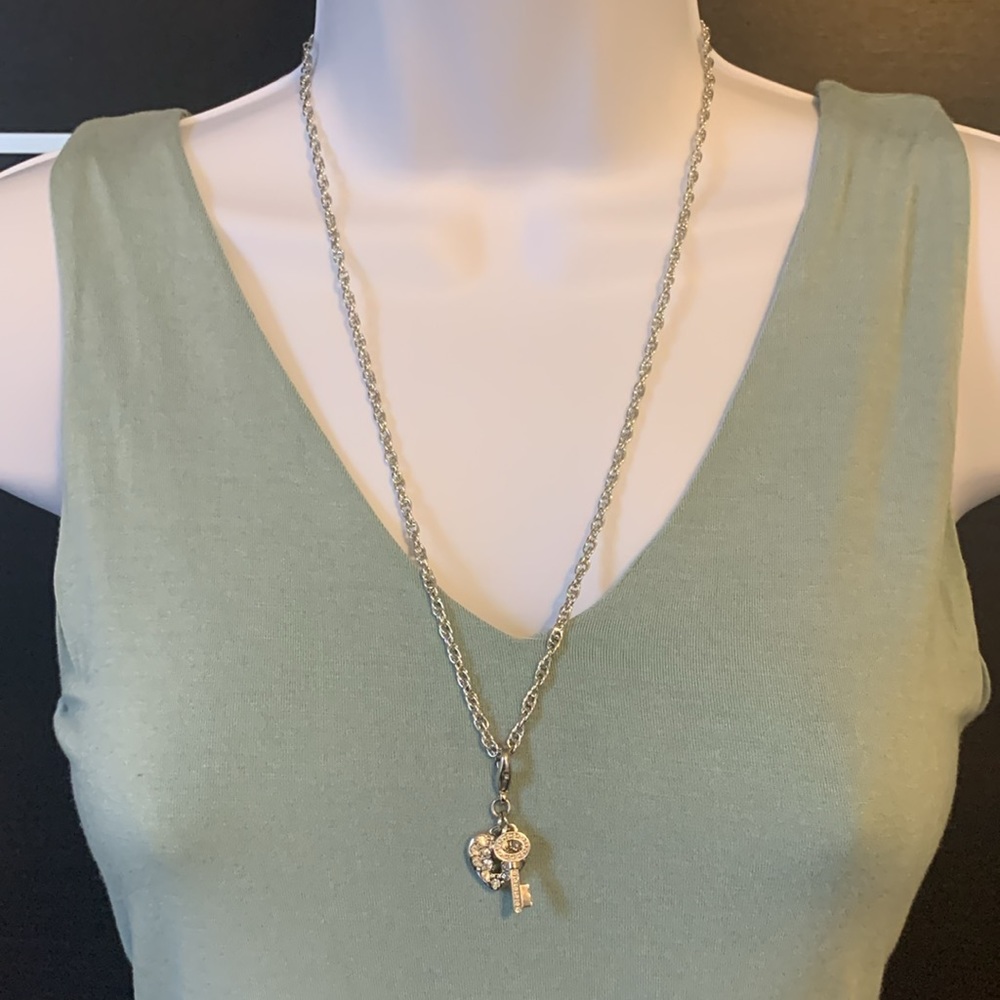 Guess 24" Silver Tone Necklace with Removable Heart & Key Pendant